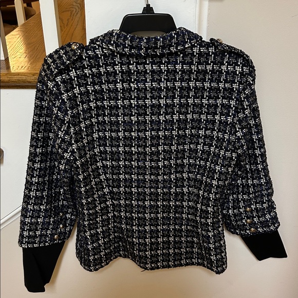 Joseph Ribkoff 10 Black+White Textured Plaid Blazer gathered sleeves - Picture 13 of 16